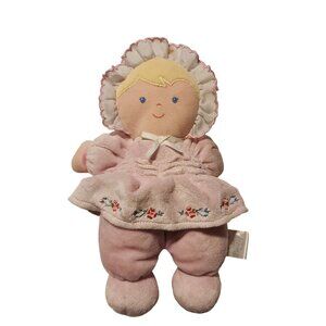 Vtg Prestige Plush  Baby Doll Soft Rattle Toy Blonde Girl Bonnet Flower Dress